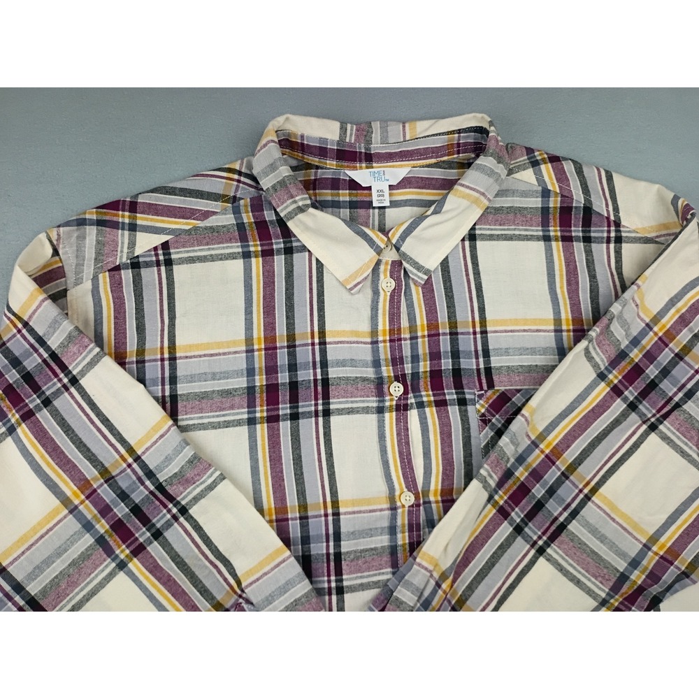Time and Tru Womens XXL 20 Plaid Button Down Shirt Purple Yellow White Woven Top